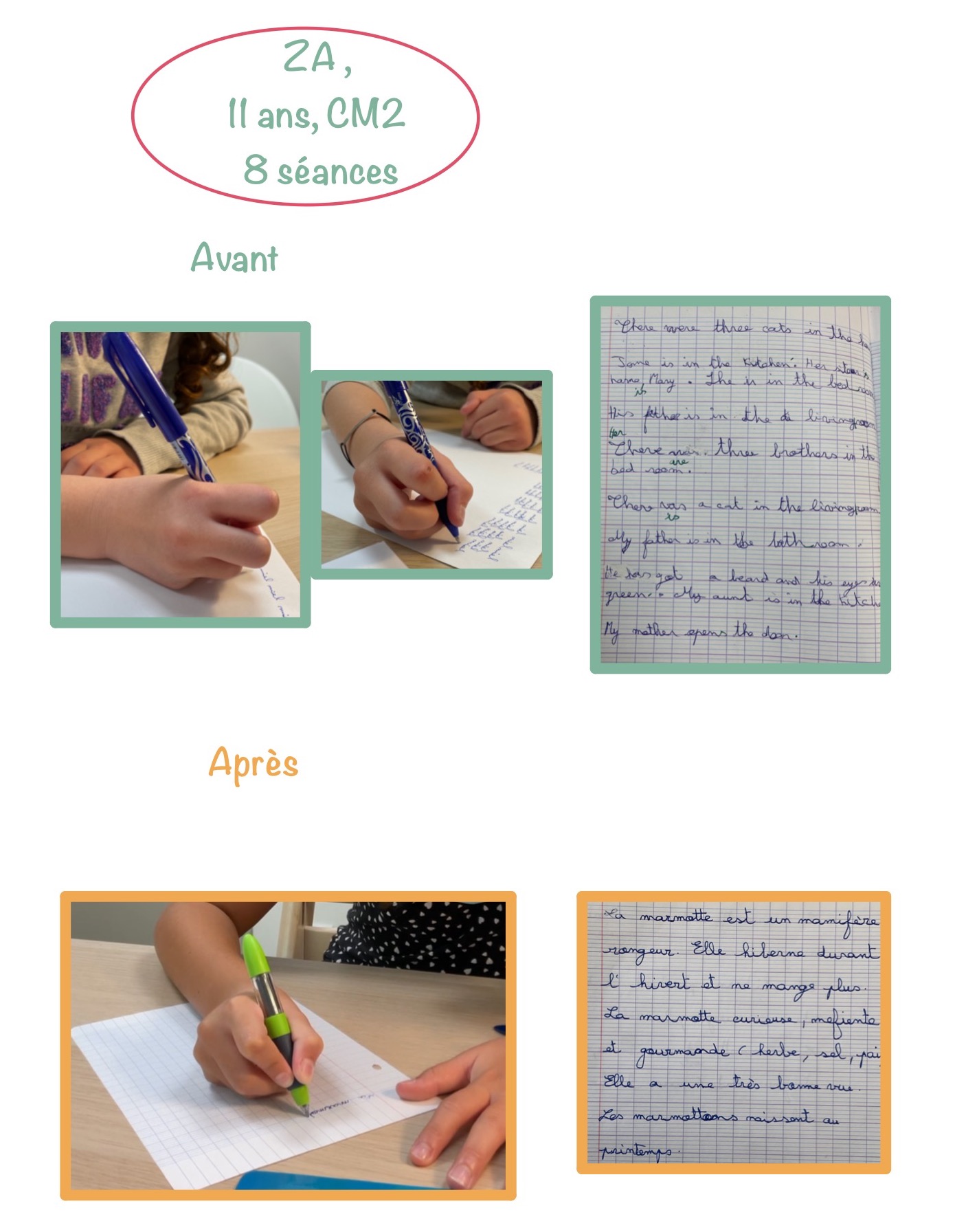 Avant / après — écriture : Fille, 11 ans, CM2