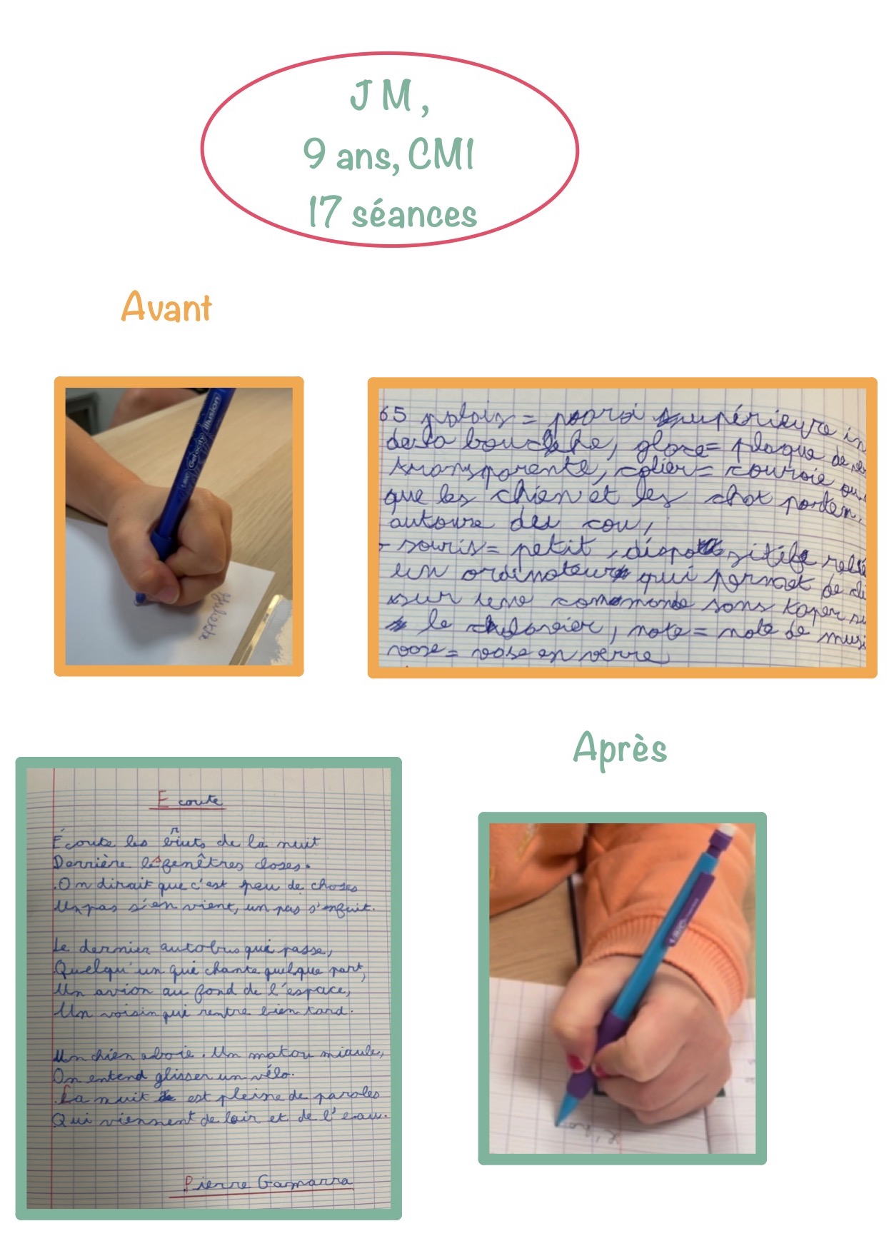 Avant / après — écriture : Fille, 9 ans, CM1