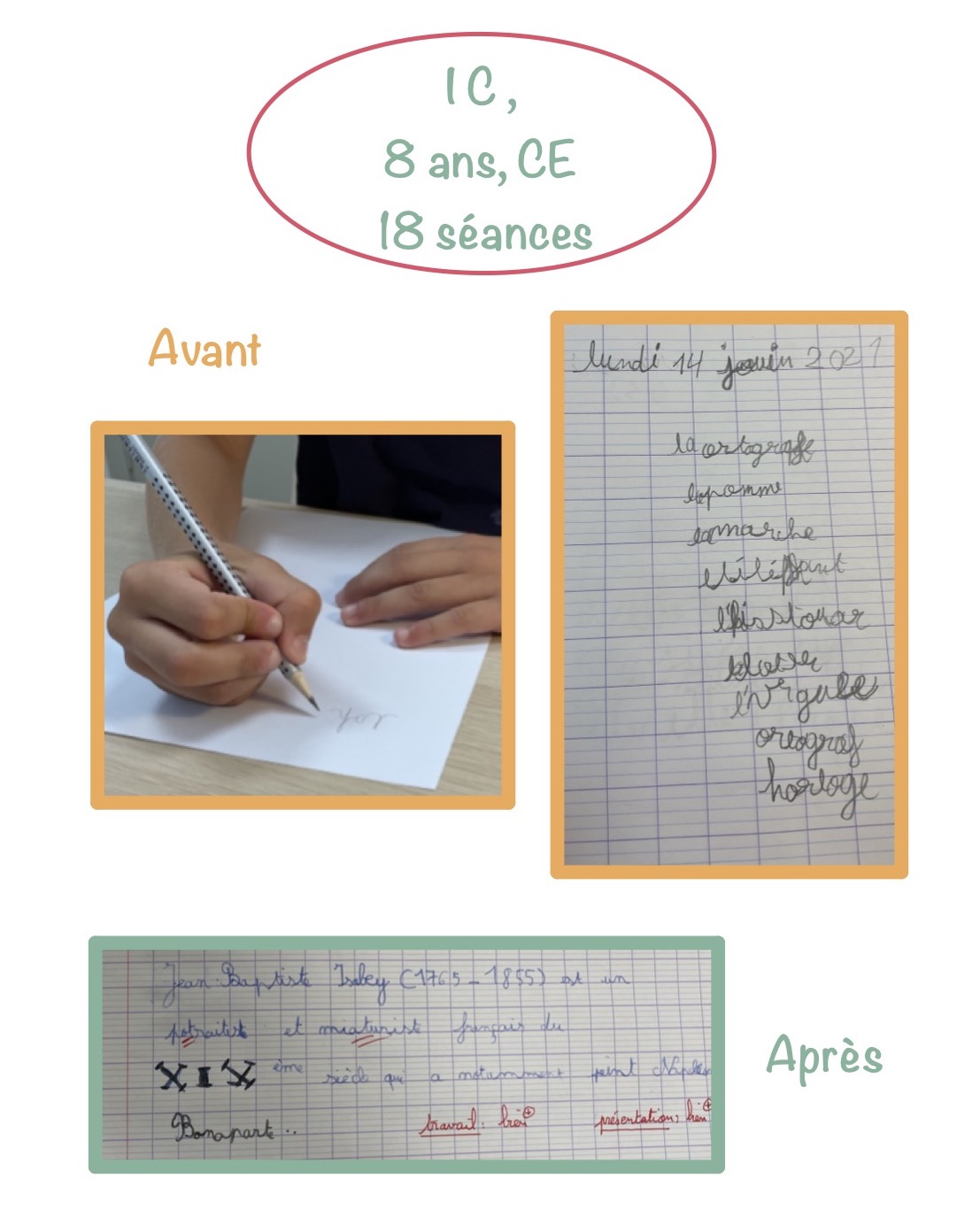 Avant / après — écriture : Garçon, 8 ans, CE2