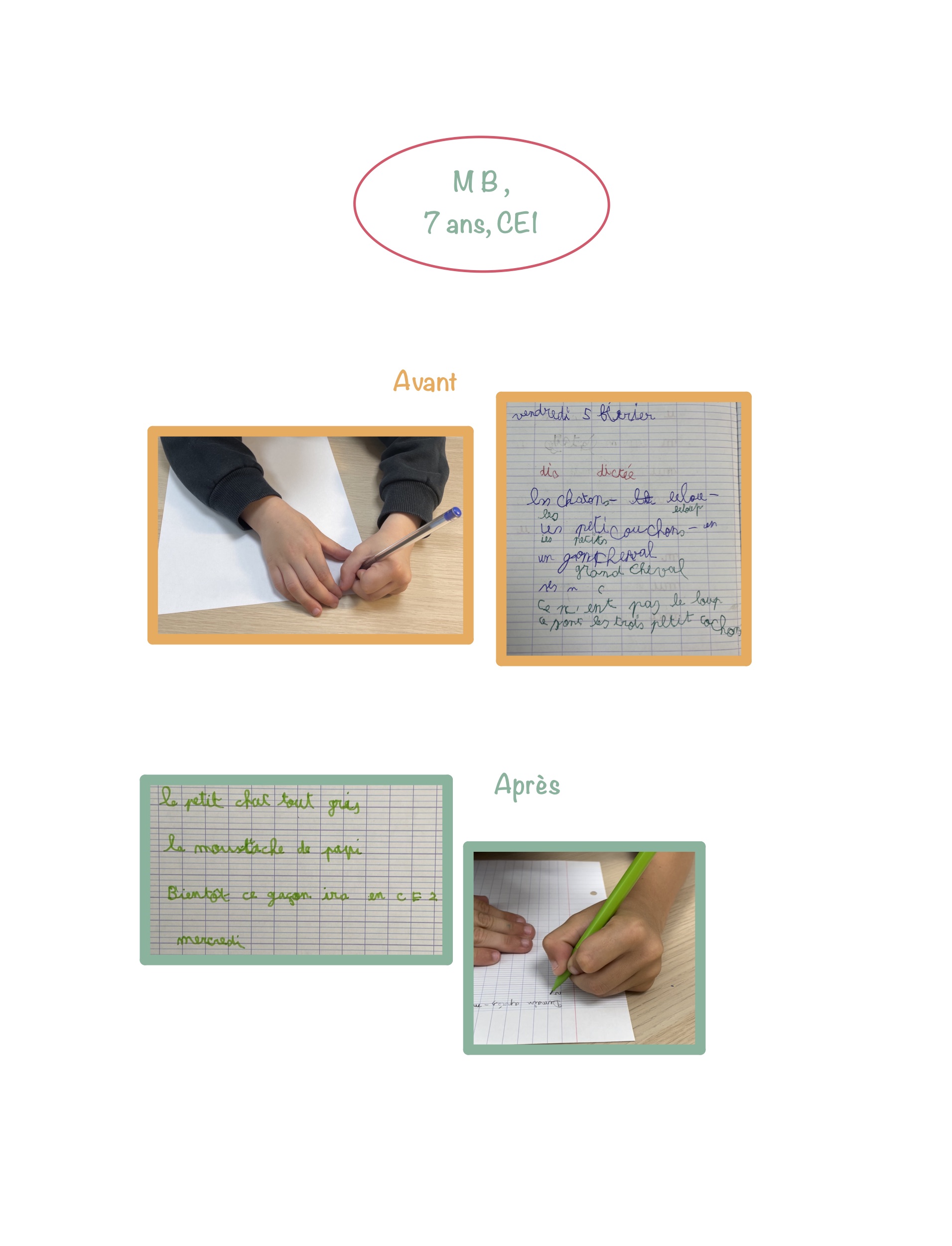 Avant / après — écriture : Enfant, 7 ans, CM1